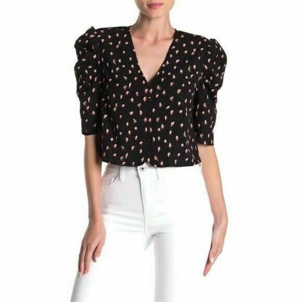 Free Press Womens Black Printed Puff 3/4 Sleeve Semi-Crop Top Size Medium M